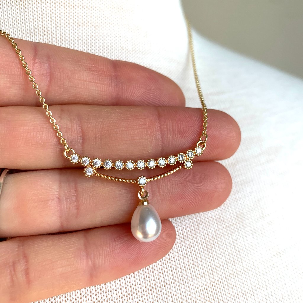 Cz Bar W/ Pearl Drop Necklace ~Nwt